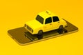 Mini 3D taxi, mini car with a mobile phone, 3d rendering