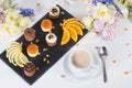 Mini desserts. Beautiful decorate catering banquet table. snacks and appetizers. Royalty Free Stock Photo