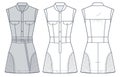 Mini Dress fashion flat technical drawing template, button down, slim fit, front and back view, white, grey