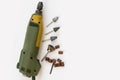 Mini drill with different nozzles on a white background. Royalty Free Stock Photo
