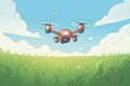 mini drone hovering over a grassy field