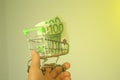 Mini dummy shopping cart in human hand with paper euro banknotes as a concept for online shopping, saving, business and making mon
