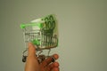 mini dummy shopping cart in human hand with paper euro banknotes as a concept for online shopping, saving, business and making mon