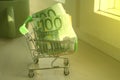 Mini dummy shopping cart with paper euro banknotes as a concept for online shopping, saving, business and making money as well as