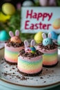 Mini Easter cheesecakes topped with candy eggs and whipped cream Royalty Free Stock Photo
