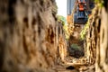 Mini excavator lifting soil from trench at construction site Royalty Free Stock Photo