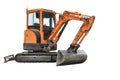 Mini excavator on a white isolated background. Compact construction equipment for earthworks. Close-up of a mini excavator with a Royalty Free Stock Photo