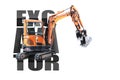 Mini excavator on a white isolated background. Compact construction equipment for earthworks. Close-up Royalty Free Stock Photo