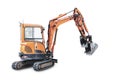 Mini excavator on a white isolated background. Compact construction equipment for earthworks. Close-up Royalty Free Stock Photo