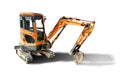 Mini excavator on a white isolated background. Compact construction equipment for earthworks. close-up. Element for design. Rental Royalty Free Stock Photo