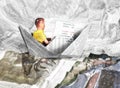 Mini Figure of Man or Child with Newspaper in Boat, Sailing in Information Sea