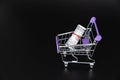 mini food basket with 100 dollars on a black background.