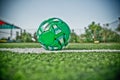 Mini Football Goal On An Artificial Grass . Inside of indoor football field . Mini soccer ball . HDR photo Royalty Free Stock Photo