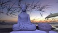 Buddha statue on the background of nature - sunset over the sea, water flows from a bamboo stalk. Slow playback speed - 50%.