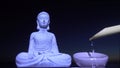 Buddha statue on the background of the night sky, water flows from a bamboo stalk. Slow playback speed - 50%.