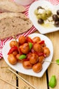 Mini Frankfurter sausage hot-dog in sour sweet sauce with bell p Royalty Free Stock Photo