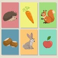 Mini game cards. Cute animals and their food. Hedgehog, apple, squirrel and hazelnuts, hare bunny and carrot. Educational illust