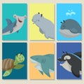 Mini game cards with cute cartoon sea animals. hammer head fish, beluga whale, whale, sea turtle, shark and killer whale. Educatio Royalty Free Stock Photo