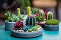 mini garden, with succulent and cactus in colored concrete pots