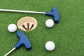 Mini-golf clubs and balls of different colors laid on artificial grass Royalty Free Stock Photo