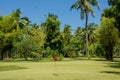 Mini golf field with red flag at the tropical resort at Maldives Royalty Free Stock Photo