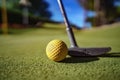 Mini Golf yellow ball with a bat near the hole at sunset Royalty Free Stock Photo