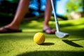 Mini Golf yellow ball with a bat at sunset