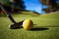 Mini Golf yellow ball with a bat at sunset Royalty Free Stock Photo