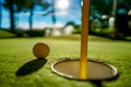 Mini Golf yellow ball on green grass at sunset Royalty Free Stock Photo