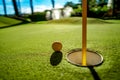 Mini Golf yellow ball on green grass at sunset Royalty Free Stock Photo