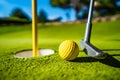 Mini Golf yellow ball on green grass at sunset