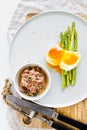 Mini grilled asparagus with egg and tuna. White background, top view. Royalty Free Stock Photo