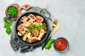 Mini grilled sausages on a frying pan. Barbecue. Meat menu. Royalty Free Stock Photo