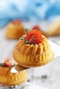 mini gugelhupf filled with cream cheese and ricotta garnished with tomato and marjoram.