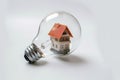 mini house inside clear bulb on white background