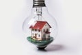 mini house inside clear bulb on white background