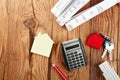 Mini House, Sketch, Keys and Calculator on Table Royalty Free Stock Photo