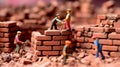 Mini human toys, building a wall with bricks, their efforts forming a solid structure