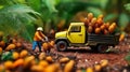 Mini human toys tending to a palm oil plantation, contribute to the sustainable cultivation