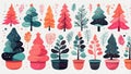 Mini images of Christmas trees and indoor plants.