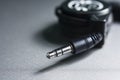 Mini jack cable. Black Audio connector. 3.5 mm plug. Royalty Free Stock Photo