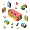 Mini market concept. Grocery store isometric vector illustration. Market building, counters, customer Royalty Free Stock Photo