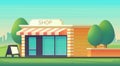 Mini market or shop store with cityscape landscape. Shop building with a glass-glazed storefront. City landscape. Vector