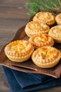 Mini meat pies from flaky dough on a vintage tray over wooden ba