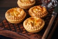 Mini meat pies from flaky dough on a vintage tray over wooden ba