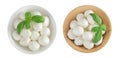 Mini mozzarella balls with basil in a ceramic and wooden bowl isolated on white background. Top view. Flat lay. Royalty Free Stock Photo
