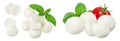 Mini mozzarella balls with basil leaf isolated on white background. Top view. Flat lay. Royalty Free Stock Photo
