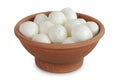 Mini mozzarella balls in a ceramic bowl isolated on white background with full depth of field. Royalty Free Stock Photo