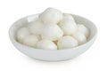 Mini mozzarella balls in a ceramic bowl isolated on white background with full depth of field. Royalty Free Stock Photo