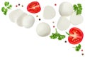 Mini mozzarella balls with parsley and tomato isolated on white background. Top view. Flat lay. Royalty Free Stock Photo
